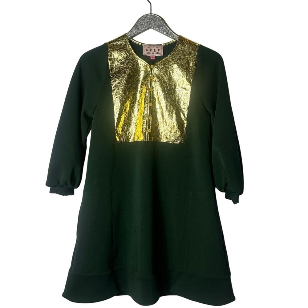 Buru Gold and Emerald Green Bib Front A Line Dress NEW